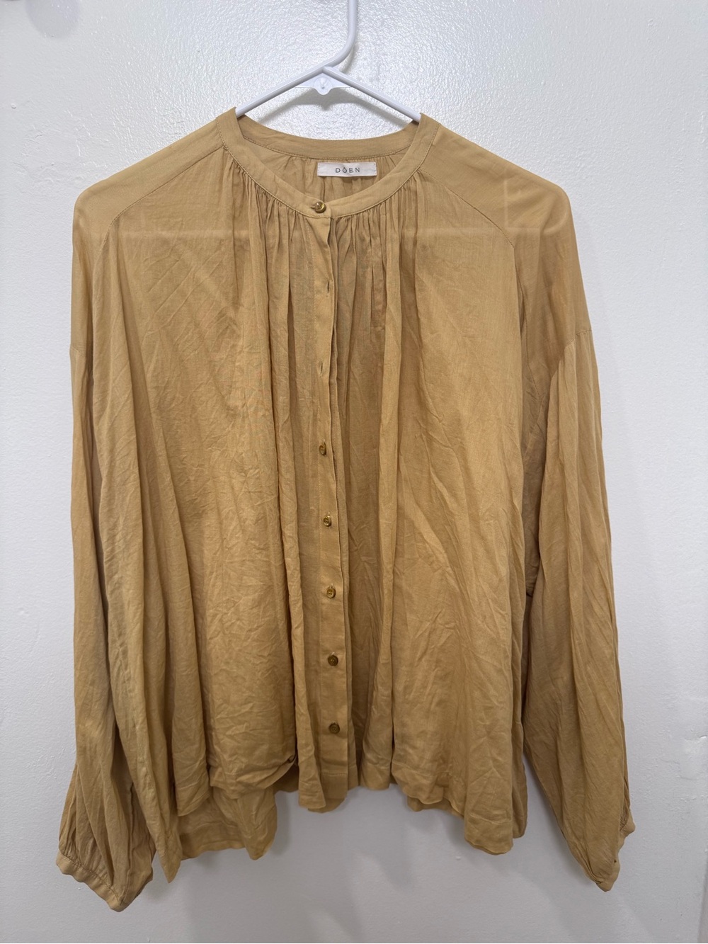 Doen Gathered Button-Front Blouse in Mustard Yellow
